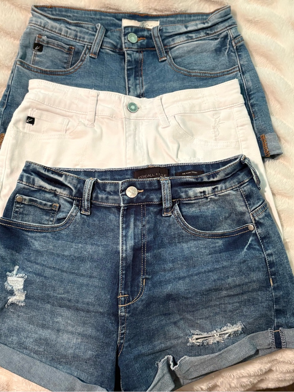 KanCan Womens Jean Shorts Trio in Dark Wash, Light Wash and White
